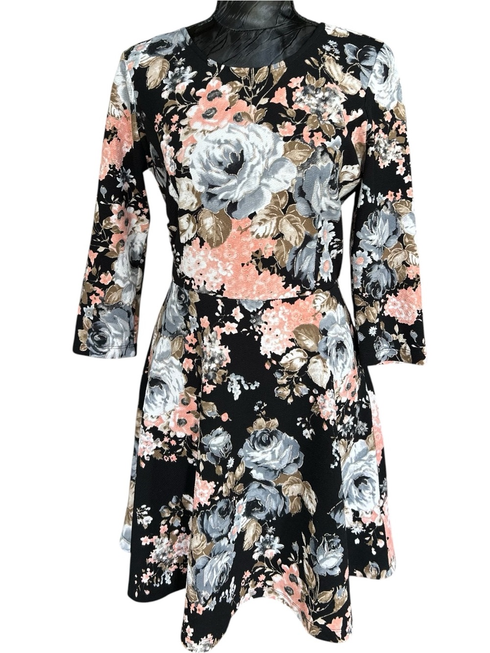 Skies Are Blue Floral Fit Flare Dress Small Black Pink 3/4 Sleeve